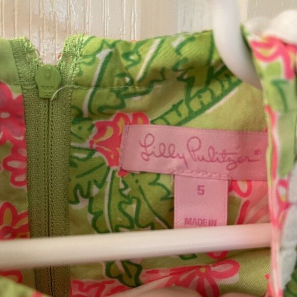 Lilly Pulitzer Shift Dress Palm Trees Floral Tents Pink Green Girls Size 5 - Picture 10 of 15